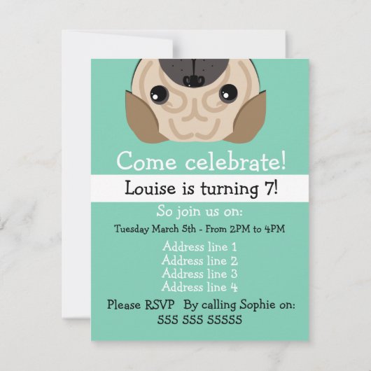 Eenvoudige Pug verjaardagsuitnodiging Kaart (Achterkant)