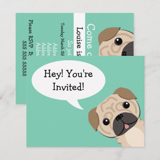 Eenvoudige Pug verjaardagsuitnodiging Kaart (Voorkant / Achterkant)