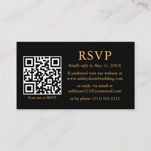 Eenvoudige QR Black RSVP Gold met minimalistisch h Informatiekaartje (Voorkant)