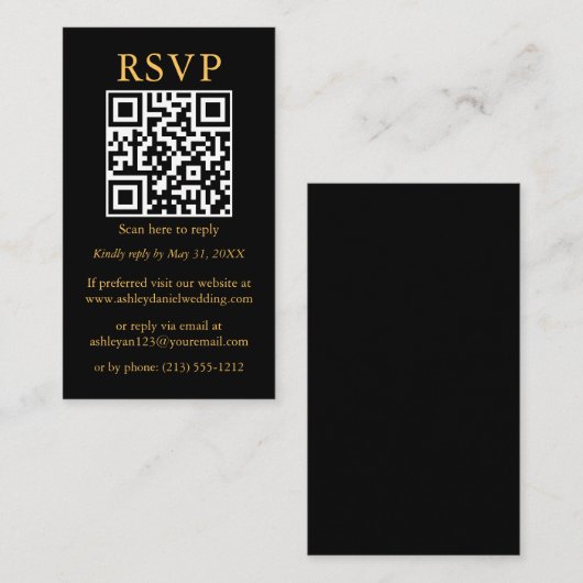 Eenvoudige QR Black RSVP Gold met minimalistisch h Informatiekaartje (Voorkant / Achterkant)