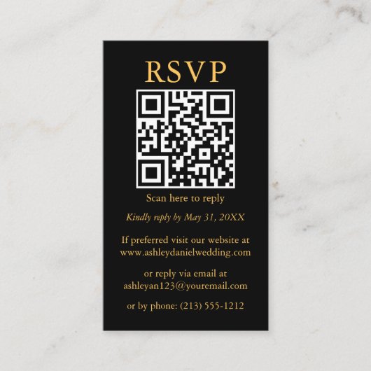 Eenvoudige QR Black RSVP Gold met minimalistisch h Informatiekaartje (Voorkant)