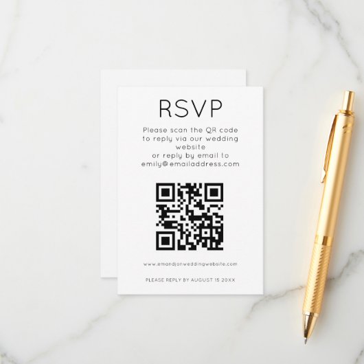 Eenvoudige QR Code Black White Wedding RSVP Enclos Informatiekaartje (Voorkant / Achterkant in situ)