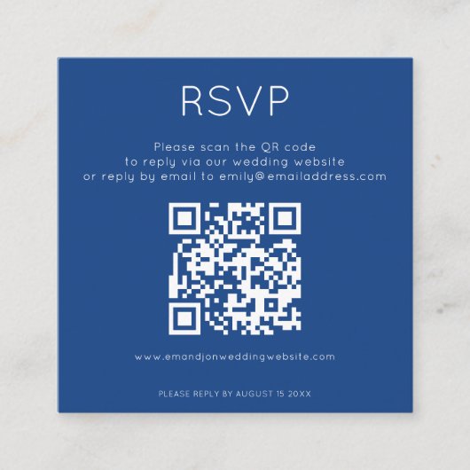 Eenvoudige QR Code Blue Wedding RSVP Informatiekaartje (Voorkant)