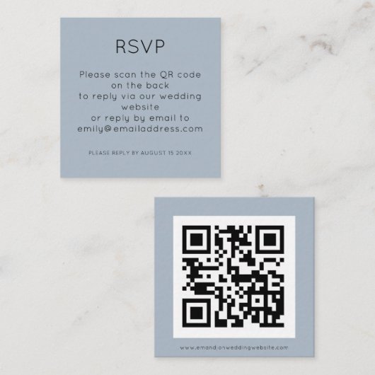 Eenvoudige QR-code Dusty Blue Wedding RSVP-behuizi Informatiekaartje (Voorkant / Achterkant)