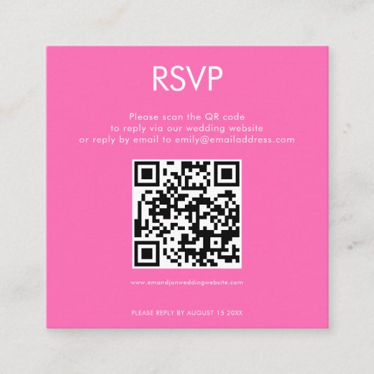 Eenvoudige QR Code Heet Roze Huwelijk RSVP Informatiekaartje (Voorkant)