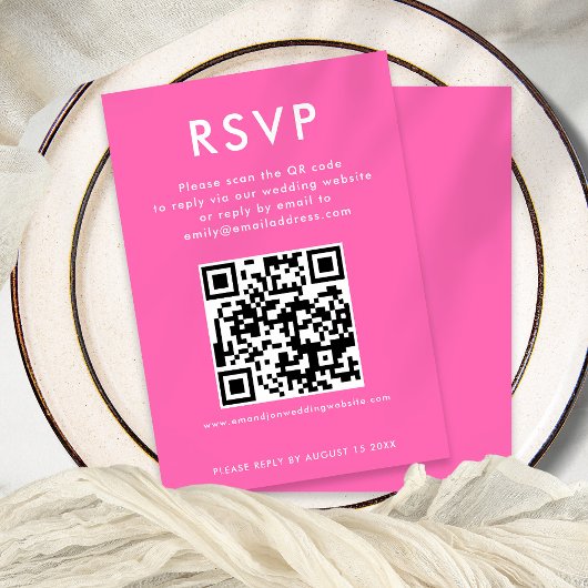 Eenvoudige QR Code Hot Roze Wit Bruiloft RSVP Kaar Kaart