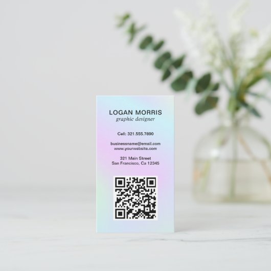 Eenvoudige QR Code Pastel Holografisch Modern Visitekaartje (Staand voorkant)