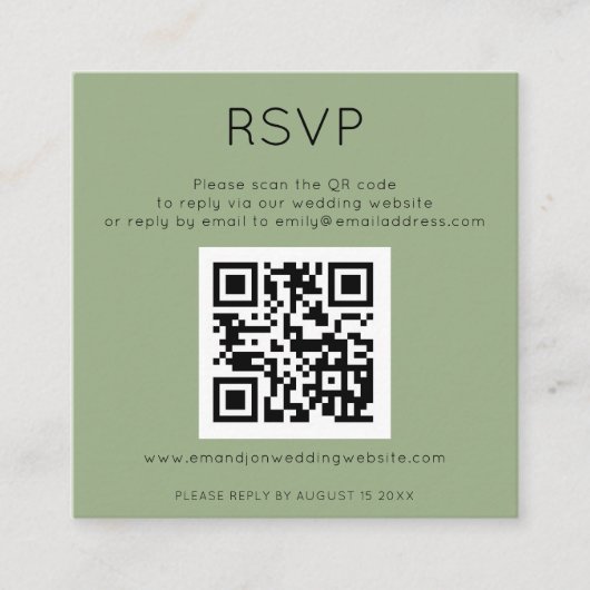 Eenvoudige QR-code Sage Green Wedding RSVP Enclosu Informatiekaartje (Voorkant)