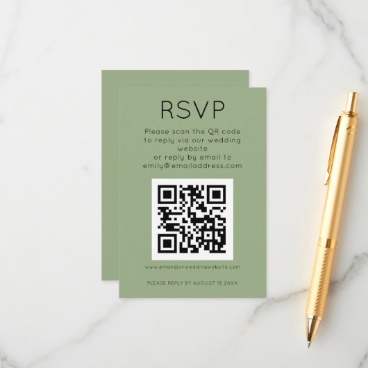 Eenvoudige QR-code Sage Green Wedding RSVP Informatiekaartje (Voorkant / Achterkant in situ)