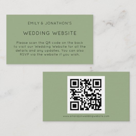 Eenvoudige QR-code Sage Green Wedding Website Informatiekaartje (Voorkant / Achterkant)
