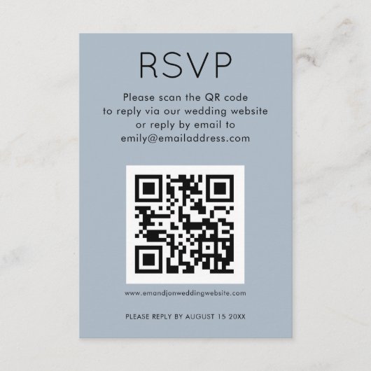 Eenvoudige QR-code Stusty Blue Wedding RSVP Informatiekaartje (Voorkant)