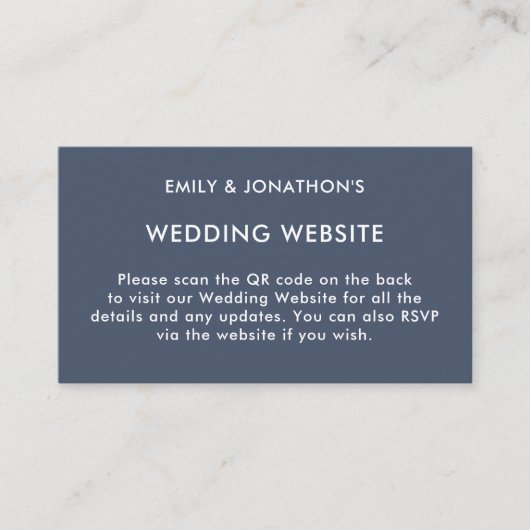 Eenvoudige QR-code Stusty Navy Blue Wedding Websit Informatiekaartje (Voorkant)