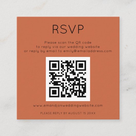Eenvoudige QR-code Terracotta Wedding RSVP Informatiekaartje (Voorkant)
