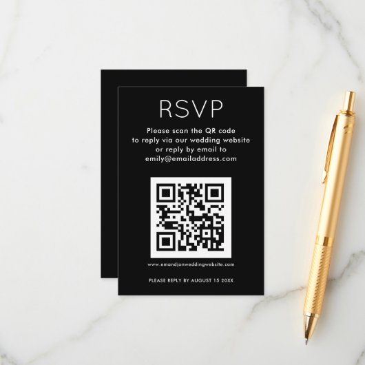 Eenvoudige QR-code White Black Wedding RSVP Informatiekaartje (Voorkant / Achterkant in situ)