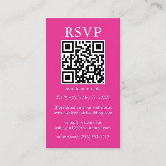 Eenvoudige QR RSVP hot-roze bruiloft minimalistisc Informatiekaartje (Voorkant)