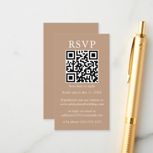 Eenvoudige QR RSVP Taupe met minimalistisch huweli Informatiekaartje (Voorkant / Achterkant in situ)