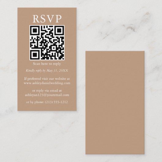 Eenvoudige QR RSVP Taupe met minimalistisch huweli Informatiekaartje (Voorkant / Achterkant)