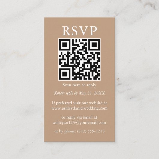 Eenvoudige QR RSVP Taupe met minimalistisch huweli Informatiekaartje (Voorkant)