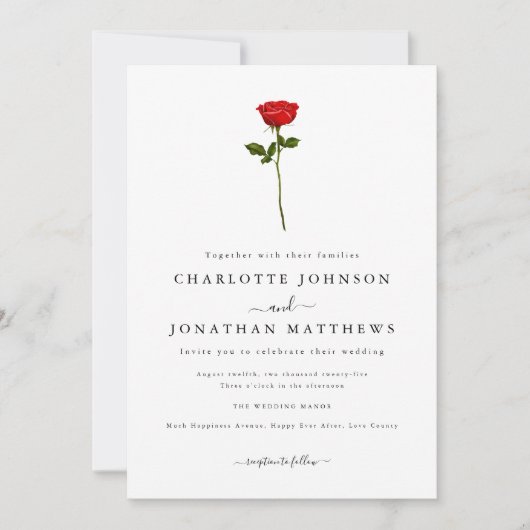 Eenvoudige Red Rose Elegant Script QR Code Wedding Kaart (Voorkant)