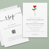 Eenvoudige Red Rose Elegant Script QR Code Wedding Kaart