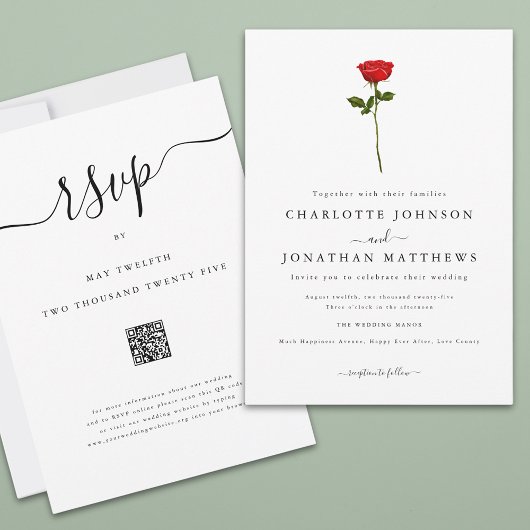 Eenvoudige Red Rose Elegant Script QR Code Wedding Kaart