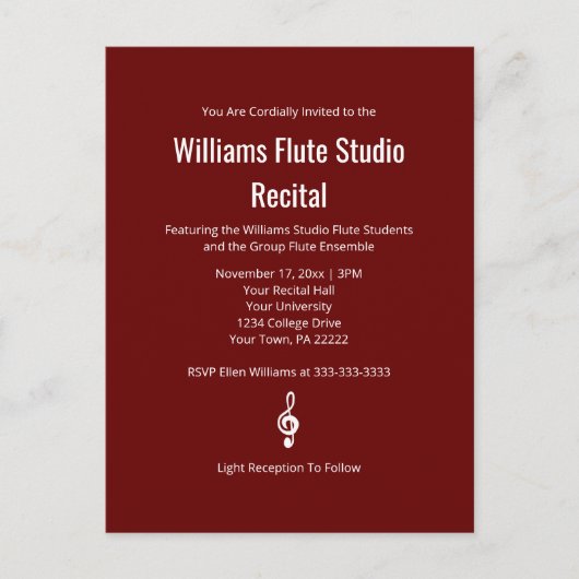 Eenvoudige Red Treble Clef Music Studio Overweging Uitnodiging Briefkaart (Voorkant)