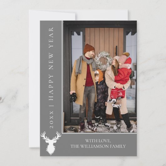 Eenvoudige rendieren nieuwjaarsfotokaart | Grijs Feestdagenkaart (Voorkant)