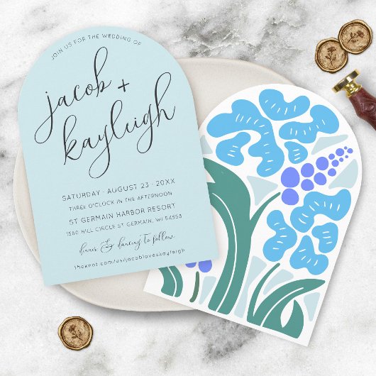 Eenvoudige Retro Bloemen Hemel Blauw Moderne Boog  Kaart