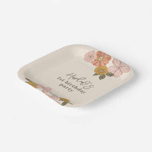 Eenvoudige Retro Bloemen Party Borden Papieren Bordje (Gebogen)