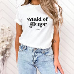 Eenvoudige Retro Boho Typografie | Eredienster T-shirt<br><div class="desc">Dit trendy,  eenvoudige T-shirt heeft de woorden "Maid of Honor" in retro zwarte typografie,  samen met een ruimte voor haar naam,  en is het perfecte cadeau voor leden van uw bruidsfeest.</div>