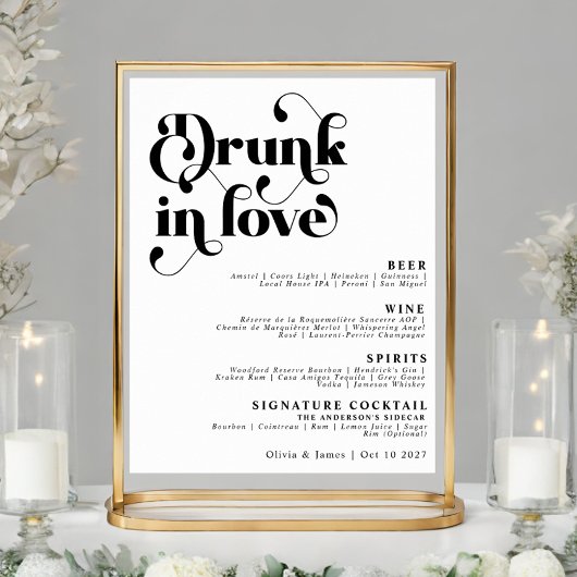 Eenvoudige Retro Drink in Love Wedding Bar Menu Poster