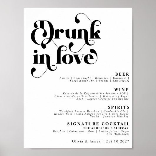 Eenvoudige Retro Drink in Love Wedding Bar Menu Poster (Voorkant)