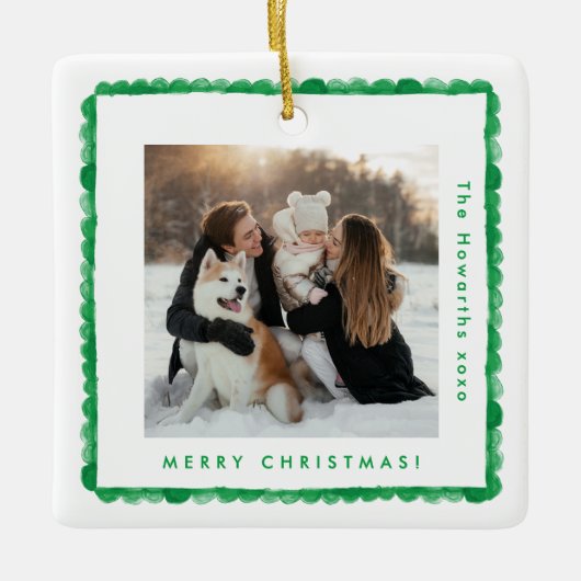 Eenvoudige retro groen lijst foto vierkant kerst keramisch ornament (Voorkant)