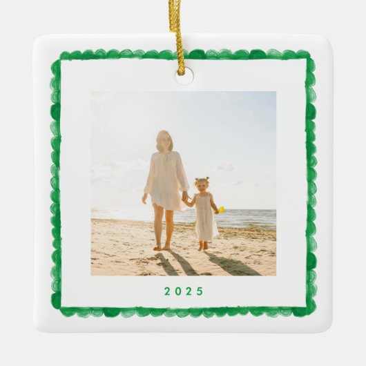 Eenvoudige retro groen lijst foto vierkant kerst keramisch ornament (Voorkant)