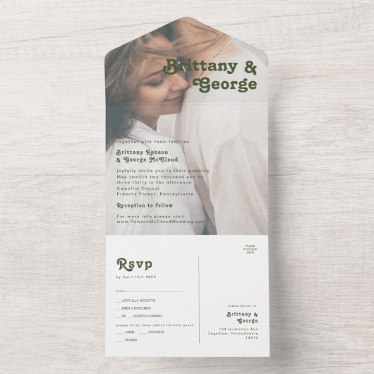 Eenvoudige Retro Olive Green Faded Fotoverzegeling All In One Uitnodiging (Binnen)