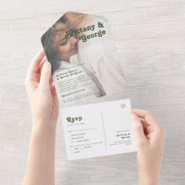 Eenvoudige Retro Olive Green Faded Fotoverzegeling All In One Uitnodiging