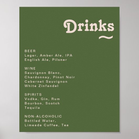 Eenvoudige Retro Olive Green Wedding Drink Menu Si Poster (Voorkant)