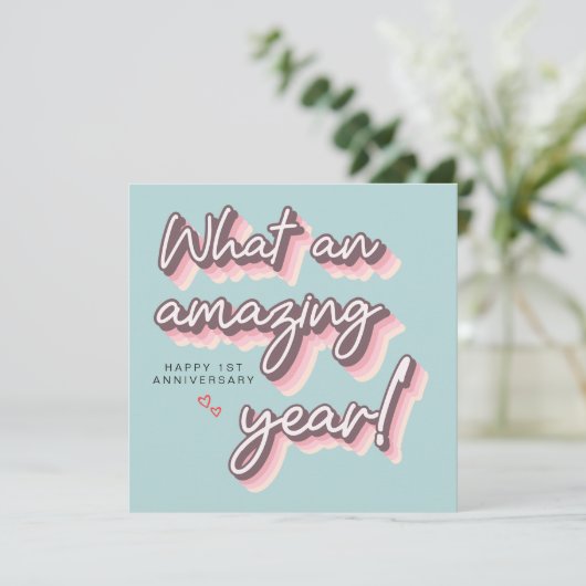 Eenvoudige Retro Roze Pastel blij 1e Jubileum Kaart (Staand voorkant)