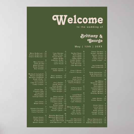 Eenvoudige Retro Vibe Olive Green Alfabetische zit Poster (Voorkant)