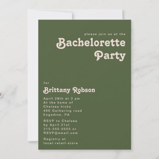 Eenvoudige Retro Vibes Olive Green Bachelorette Pa Kaart (Voorkant)