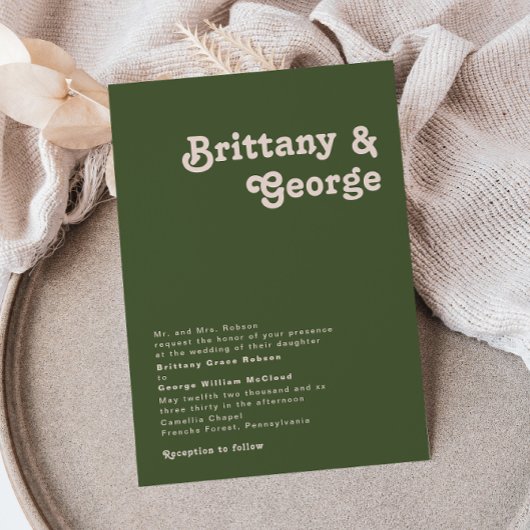 Eenvoudige Retro Vibes Olive Green Traditional Wed Kaart
