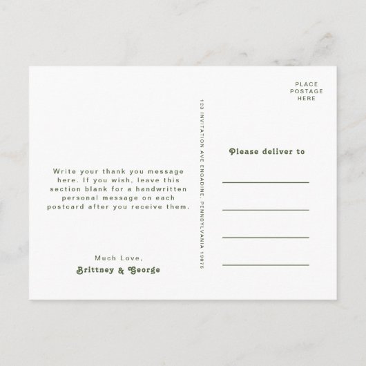 Eenvoudige retroflectraliebuizen | Olive Green Wed Briefkaart (Achterkant)