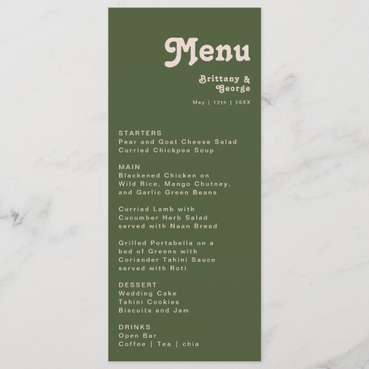 Eenvoudige retroflectraliebuizen | Olive Green Wed Menu (Voorkant)