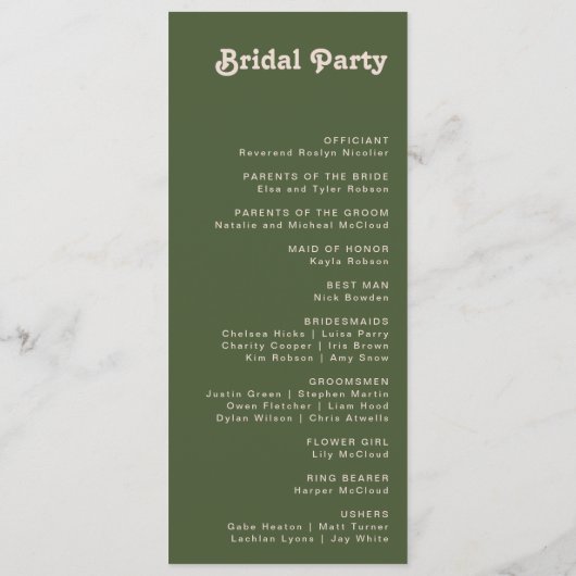 Eenvoudige retroflectraliebuizen | Olive Green Wed Programmakaart (Achterkant)