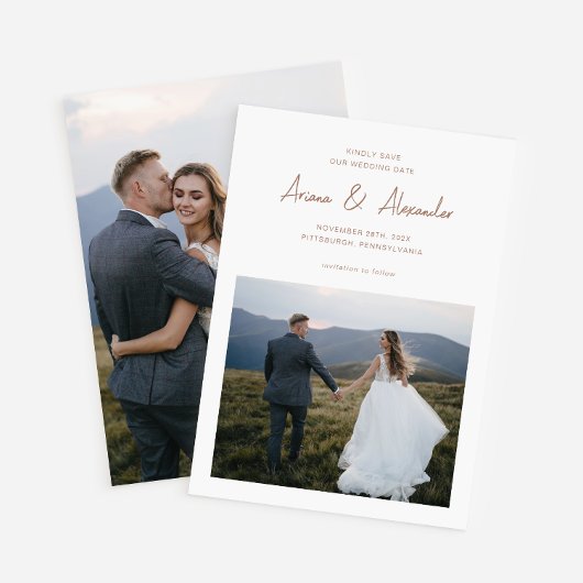 Eenvoudige Rich Brown Script Foto bruiloft Save The Date