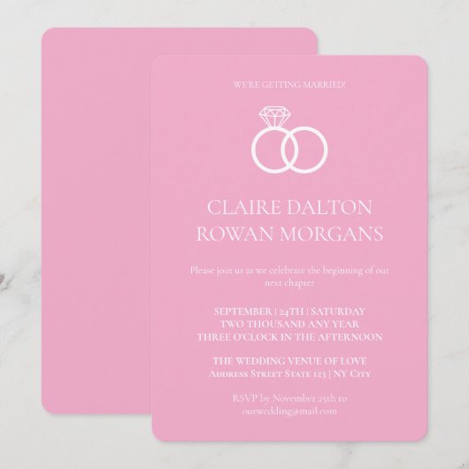 Eenvoudige Ringen Roze Huwelijksuitnodiging Kaart (Voorkant / Achterkant)