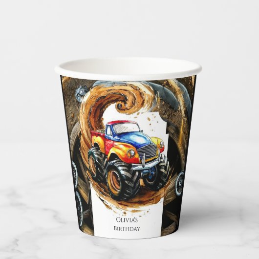 Eenvoudige Road Monster Truck Verjaardag Papieren Bekers (Voorkant)