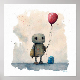 "Eenvoudige robot met ballon" — Waterverf schilder Poster