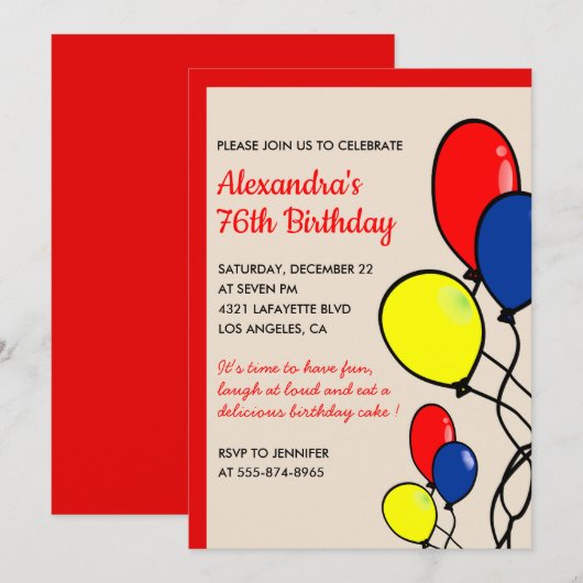 Eenvoudige rode ballonnen 76e verjaardag uitnodigi kaart (Voorkant / Achterkant)