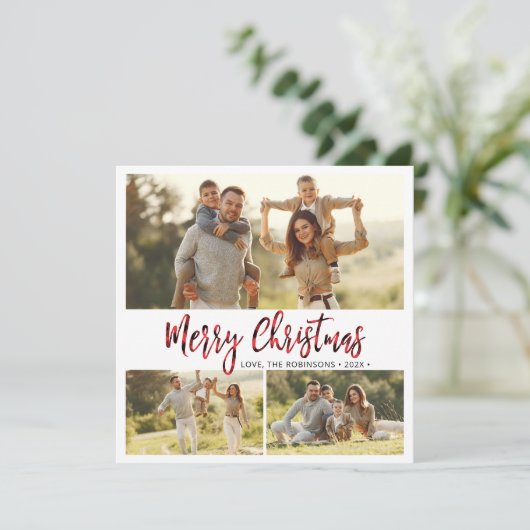 Eenvoudige Rode Buffel Plaid 3 Multi Photo Christm Feestdagenkaart (Staand voorkant)